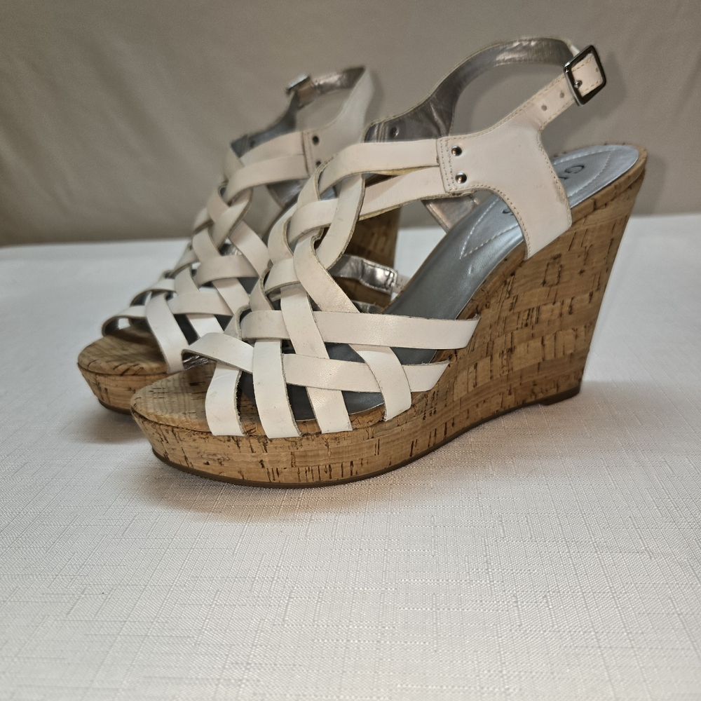 Guess White Strappy Cork Wedges